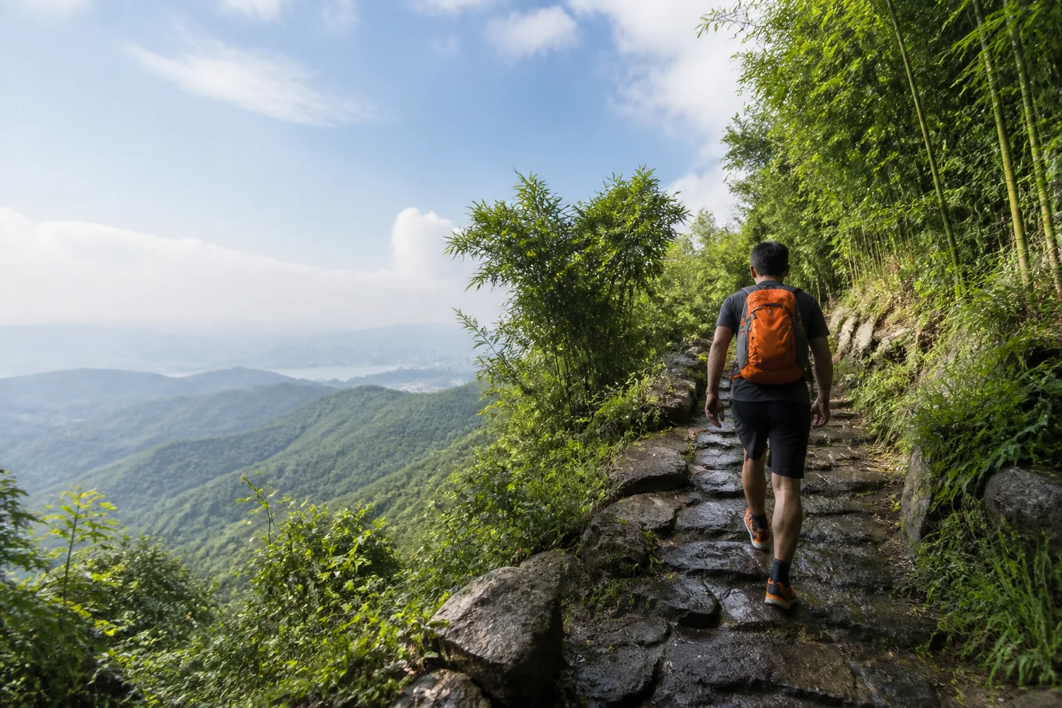雨后的杭州山径上，一位徒步者沿石阶向山中前行